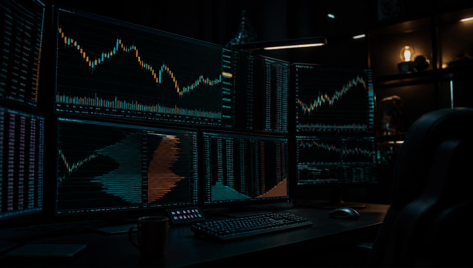 Multi-monitor trading desk showing candlestick charts and order flow